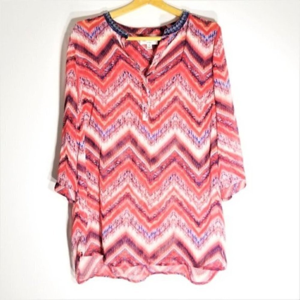 John Paul Richard Boho Red Navy V Neck Beaded Peasant Tunic Top PLUS
